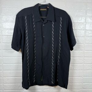 Cubavera Shirt Men Large Black Aztec Linen Blend Short Sleeve Coastal Core Boho